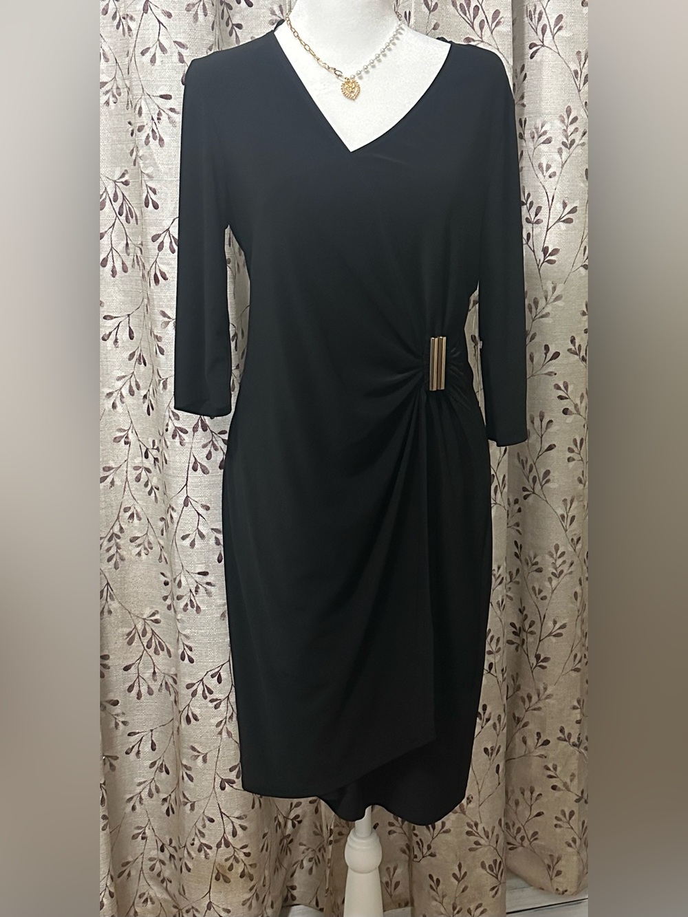 Emma & Michele Black V-Neck Midi Dress with Gold Accent
